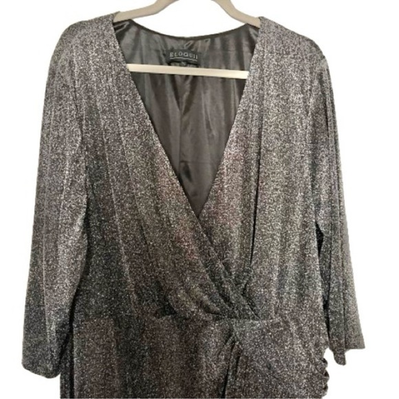 Eloquii Draped Front Metallic Shimmer Wrap Dress - Picture 7 of 11